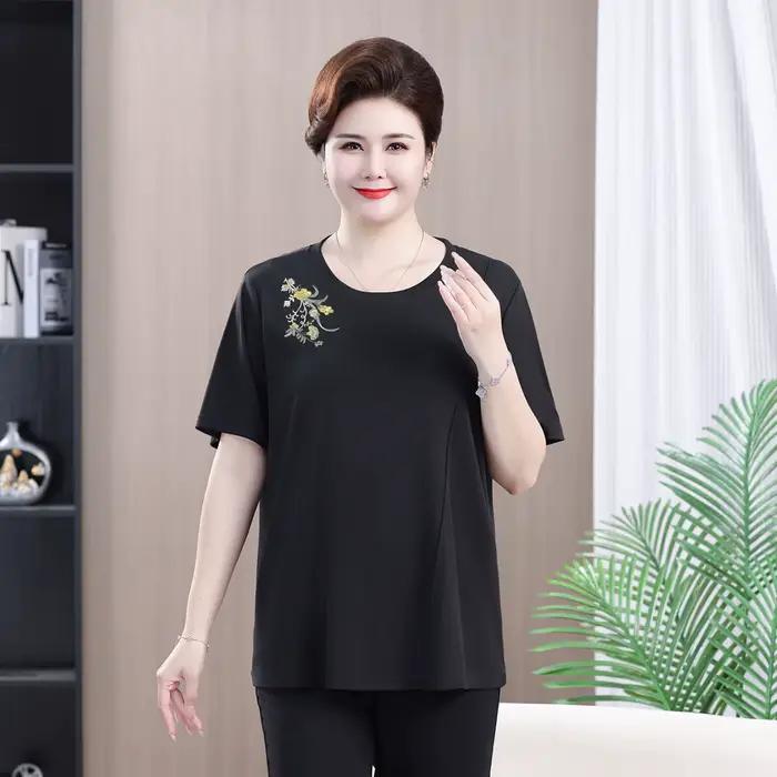 Tunique à manches courtes pour femmes grandes tailles, broderie florale, col rond, t-shirt ample, dé