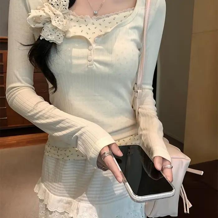 Hauts floraux pour femmes, col en dentelle, bouton, manches longues, fleur douce, mode printemps 202