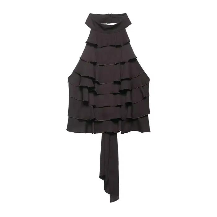 Haut Halter pour Femme Printemps-Été Sexy à Volants et Dos Nu, Style Vintage Tendance