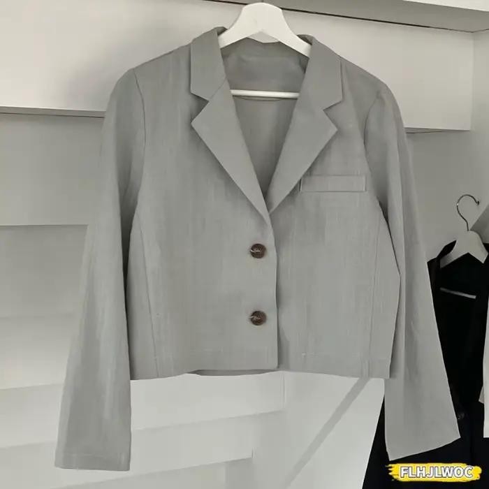 Blazer en coton et lin pour femme, veste courte chic, design coréen, mignon et élégant, bouton crant