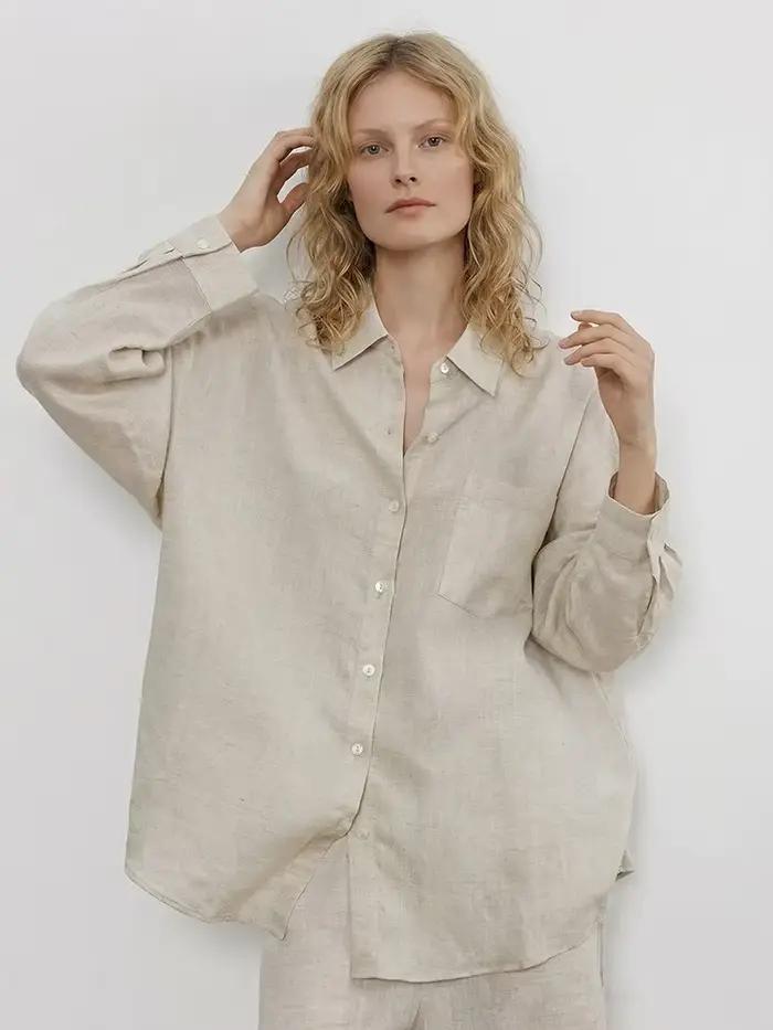 Chemise en lin bleue boutonnée pour femme – Hauts amples de luxe à manches longues pour l'été – Chem