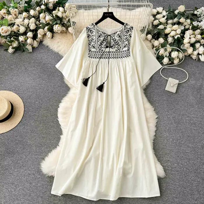 Robe brodée bohème pour femmes, manches courtes, ample, longue, vacances, Chic, col rond, à lacets,