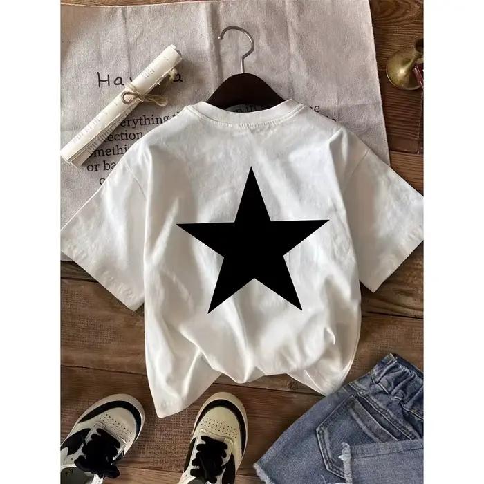 T-shirt noir à imprimé étoiles pour femme, haut décontracté à col rond et manches courtes pour le pr