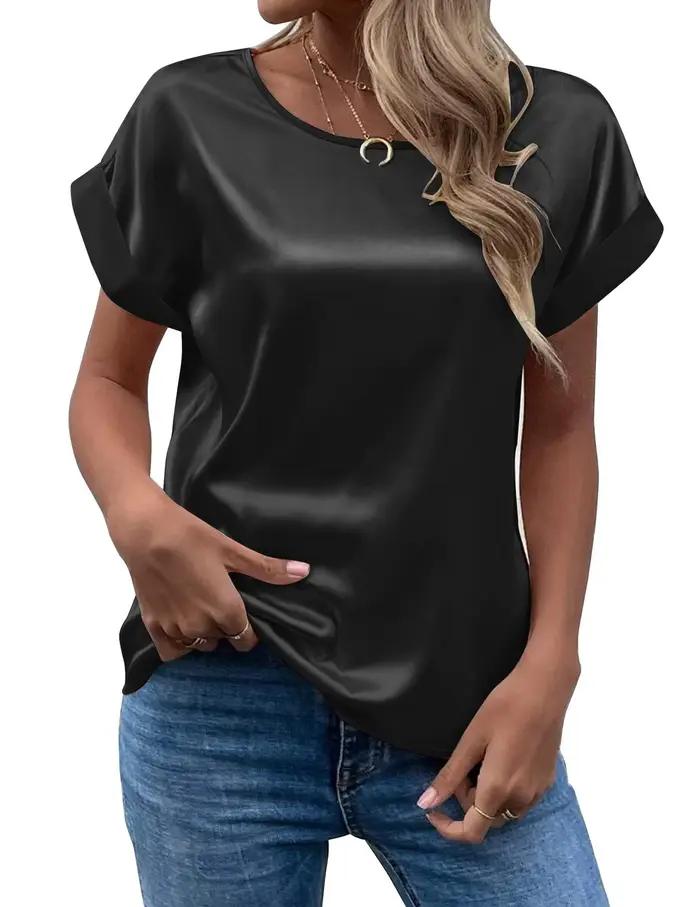 Chemisier élégant pour femmes, t-shirts solides, chemise en Satin à manches courtes, ample et décont
