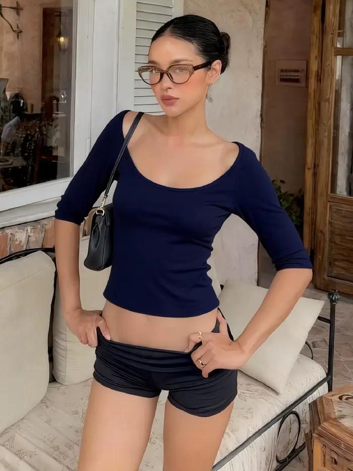 Dulzura automne dernière solide col en U demi manches coupe ajustée T-Shirt femmes casual polyvalent