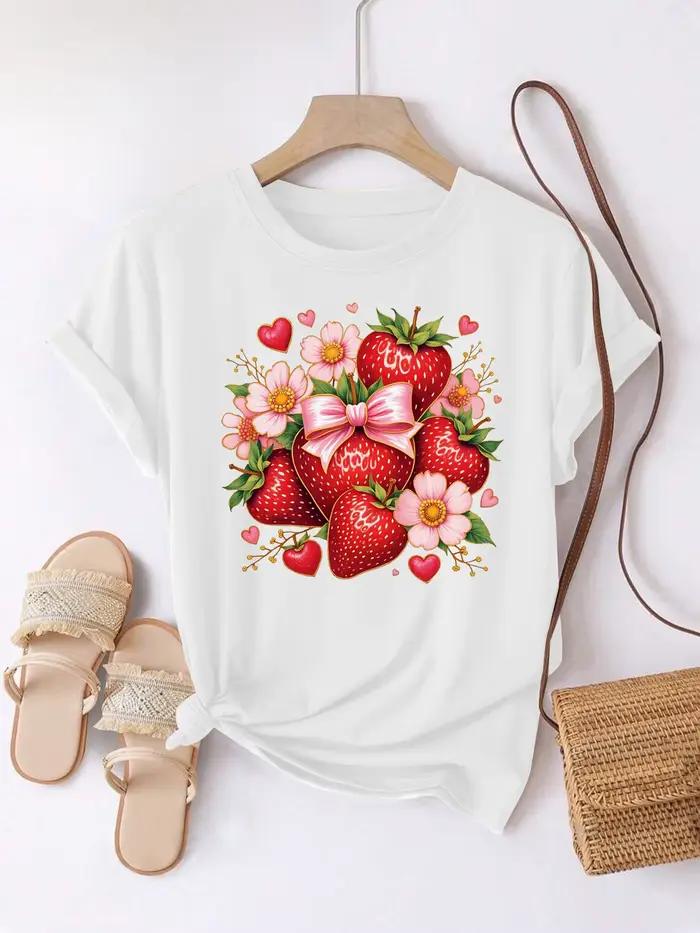 Mode d'été femmes T-Shirt fraise fleur motif imprimé femmes décontracté doux col rond à manches cour