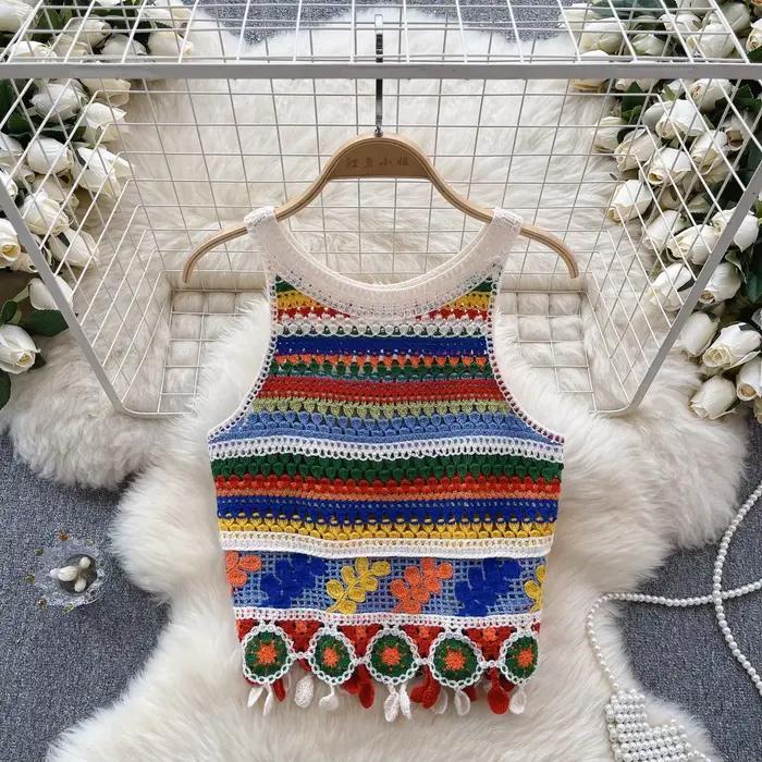 Débardeur bohème tricoté pour femmes, Design rétro au Crochet, gilet court coloré à bretelles de vac