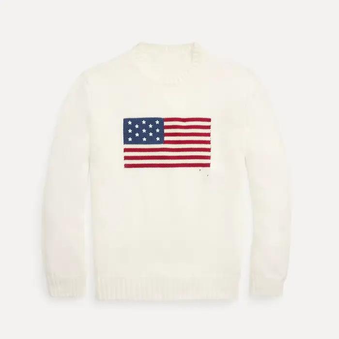 Pull classique à manches longues et col rond en tricot blanc et bleu marine avec drapeau américain p