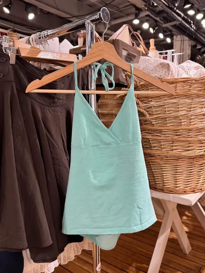 Débardeur court vert menthe pour femme, style licou, col en V croisé, dos nu sexy, en coton uni simp