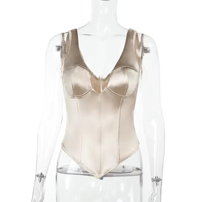 Débardeur Corset en Satin Champagne pour femmes, mode Sexy, décolleté en v profond, sans manches, do