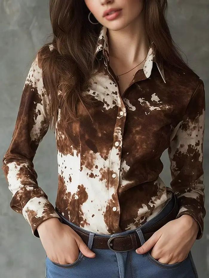 Chemisier en satin à manches longues pour femme avec imprimé vache et col boutonné, idéal pour les t