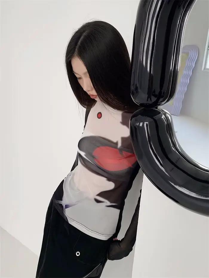 CHEERART – t-shirt manches longues pour femmes, haut en maille, transparent, graphique, à la mode, p