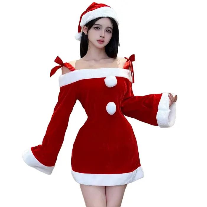 Robe de noël pour femmes, Costume de père noël Sexy, en velours, épaules dénudées, manches longues,