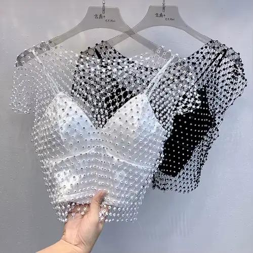 Chemisier deux pièces pour femmes, en Tulle, à carreaux, serti de diamants, mode d'été + bretelles S