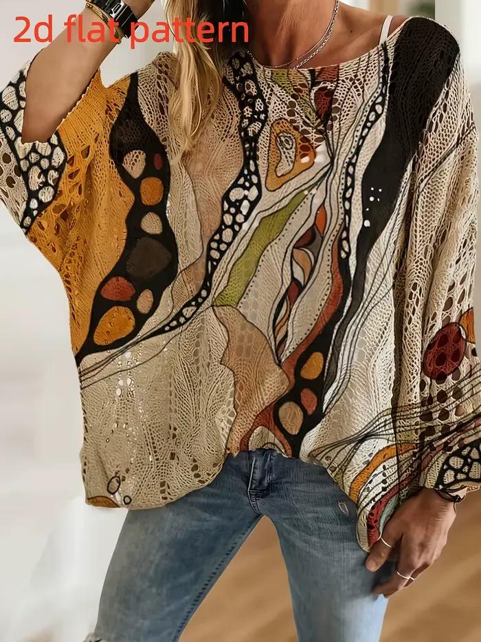 Nouveau pull tendance pour femme, motif plat 2D, manches trois-quarts, ajouré, imprimé numérique, co