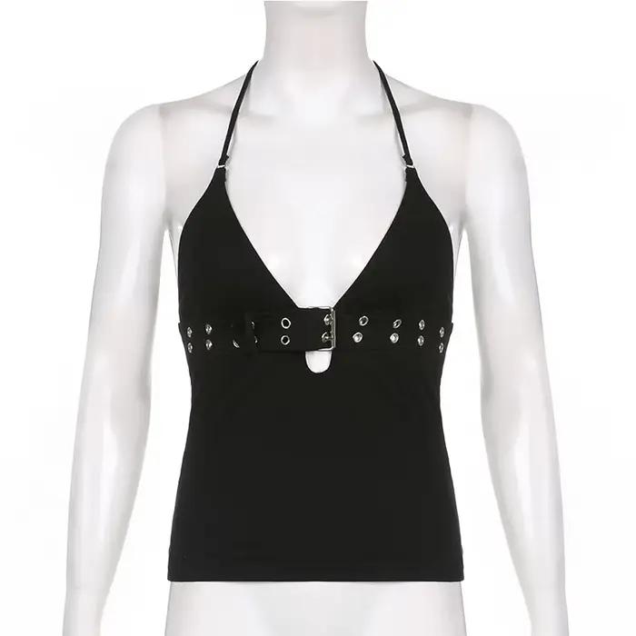 Y2k – haut court à bandes noir, dos nu, à lacets, mignon, fête, plage, été, sweat-shirt pour femmes,