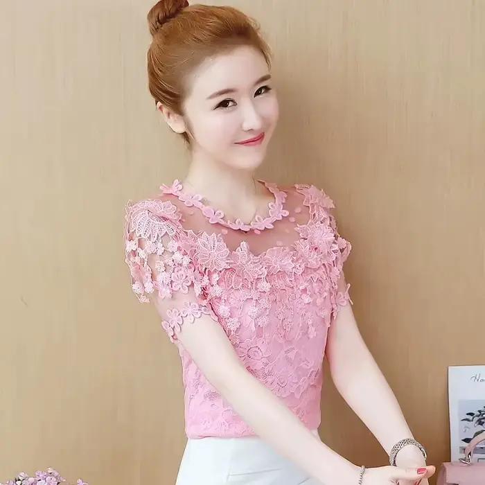 Été Version coréenne T-Shirt femmes nouvelle chemise en dentelle à manches courtes crochet creux dou