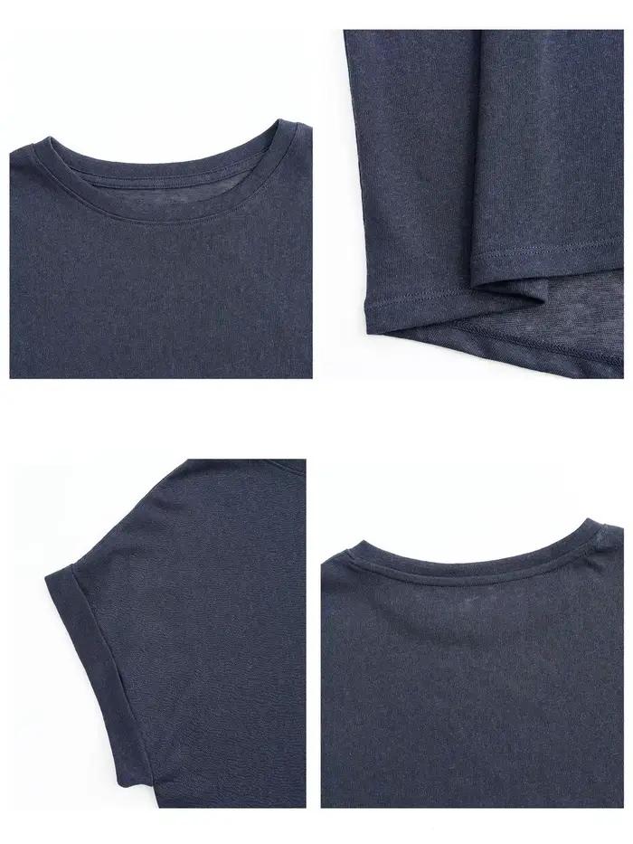 T-shirt femme à manches courtes en coton et lin, col rond, coupe oversize, style dolman, uni, printe
