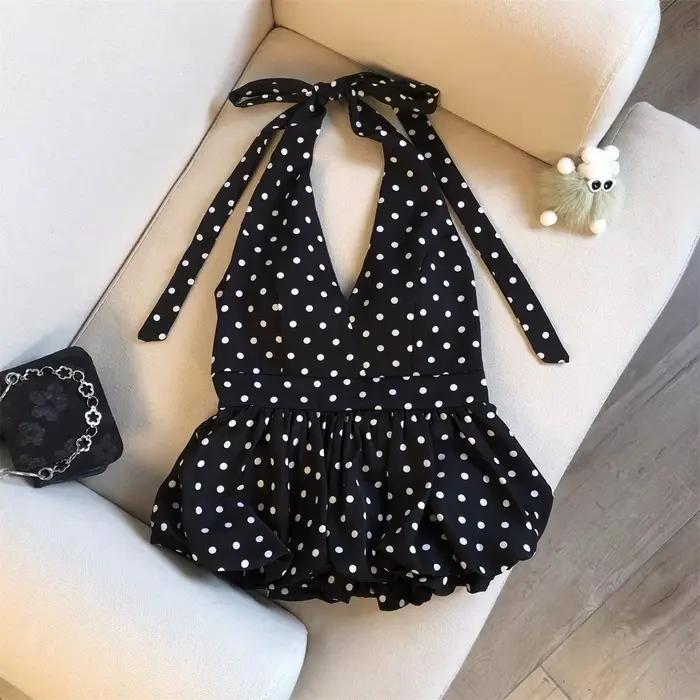 Haut court sans bretelles à col en V à pois pour femme, style estival doux et épicé, dos nu, avec ou