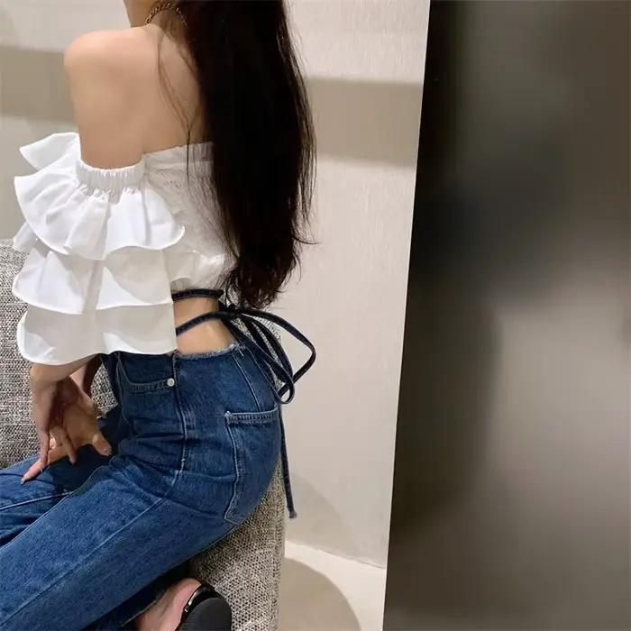 Chemisiers froncés pour femmes, col slash, manches courtes, volants, mode coréenne, filles chaudes,