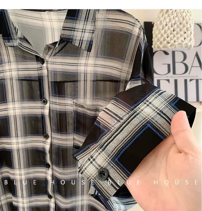 Chemise de protection solaire à manches longues à carreaux rouge et noir pour femmes, petit haut ext