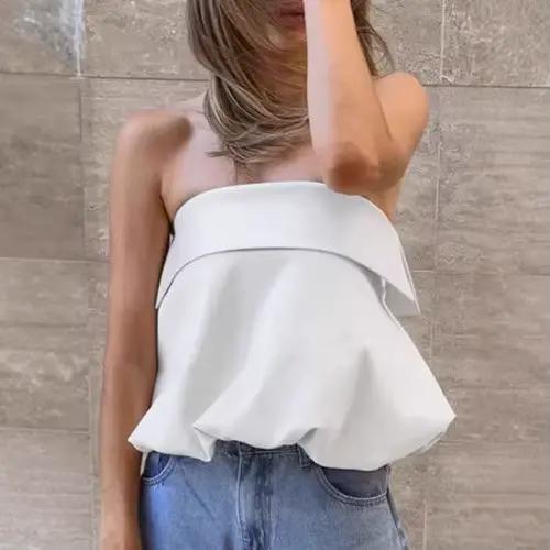 Haut bustier en satin blanc pour femme, collection été 2026, design court et bouffant sans manches,