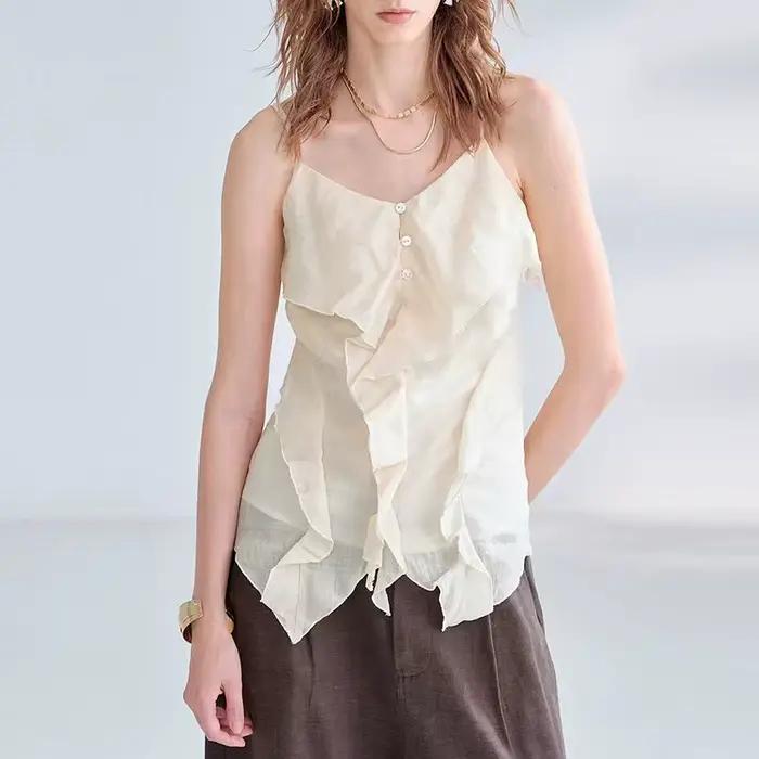 Débardeur Chic 100% Ramie pour Femme avec Volants Asymétriques – Style Décontracté Français, Dos Nu,