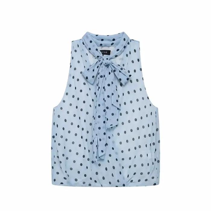 Hauts à pois pour femmes, mode d'été, débardeur chic et élégant à col en V sans manches avec nœud dé