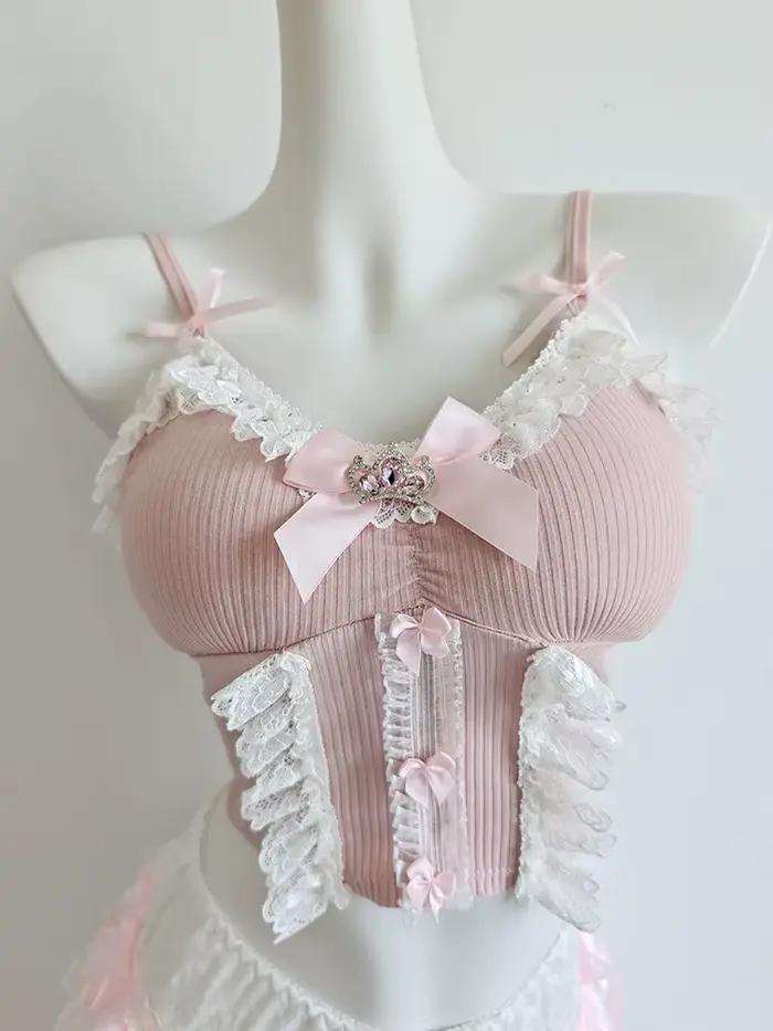 Haut court rose pour femmes, hauts d'été mignons, nœuds, perles, pendentif d'amour, décoration, cour
