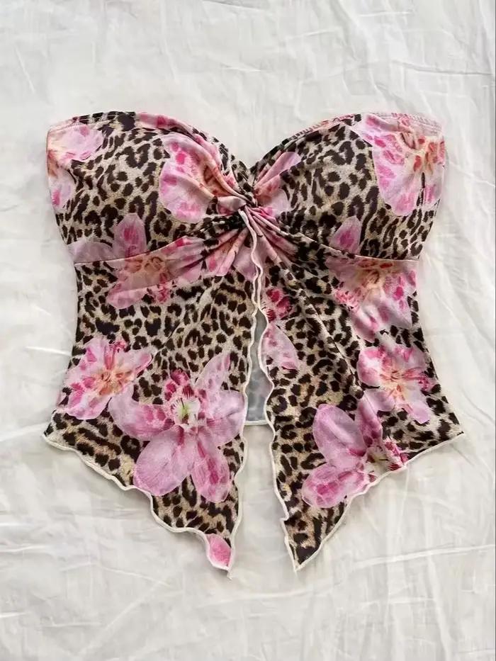 Top court, débardeur de fête pour femme avec motif floral rouge, design sans bretelles et fente avan