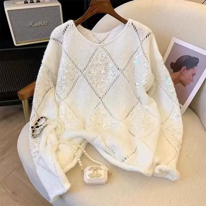 Pull de luxe en tricot doux à paillettes pour femme, manteaux, automne-hiver, hauts à manches longue