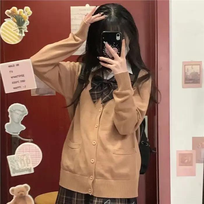 Cardigan en tricot pour femme, col en V, manches longues, style universitaire, uniforme JK, pull d'e