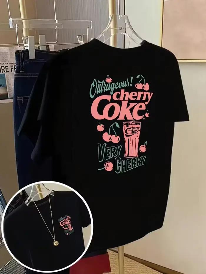Hauts pour femmes, t-shirt graphique Cherry Coke, haut décontracté à manches courtes et col rond ave