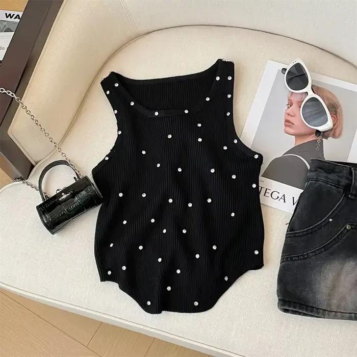 Débardeur tricoté avec strass, blanc, col ras du cou, sans manches, vêtements d'été pour femmes, hau