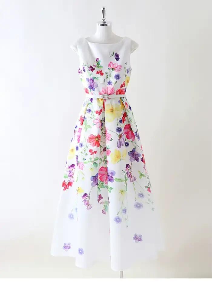 Robe longue sans manches bleu marine à imprimé floral pour femme, élégante, col rond, coupe trapèze,