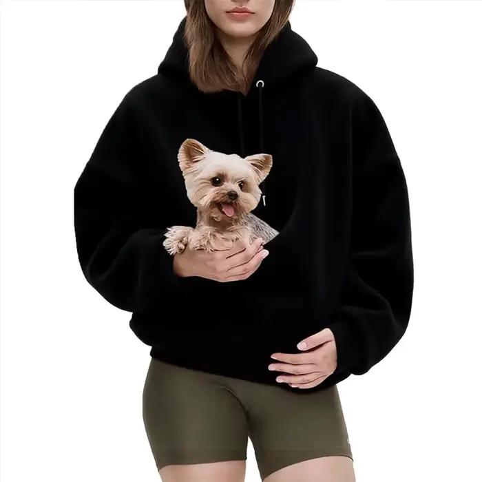 Sweat-shirt à capuche kangourou pour femmes, couleur unie, avec poche pour animaux de compagnie, cha