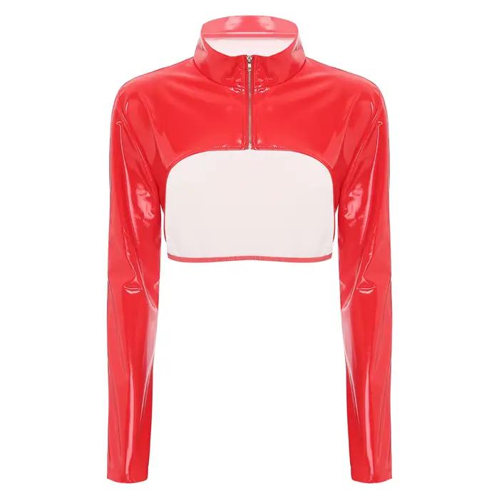 Haut court en cuir verni pour femme, col montant brillant, manches longues, fermeture à glissière av