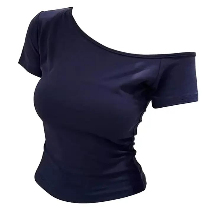 Haut d'été asymétrique pour femme, coupe ajustée, t-shirt à manches courtes, sexy, basique, chic cor