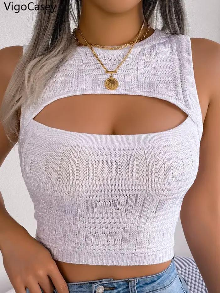 VigoCasey 2026 – Nouveau débardeur court moulant sexy pour femme, en maille ajourée unie, sans manch