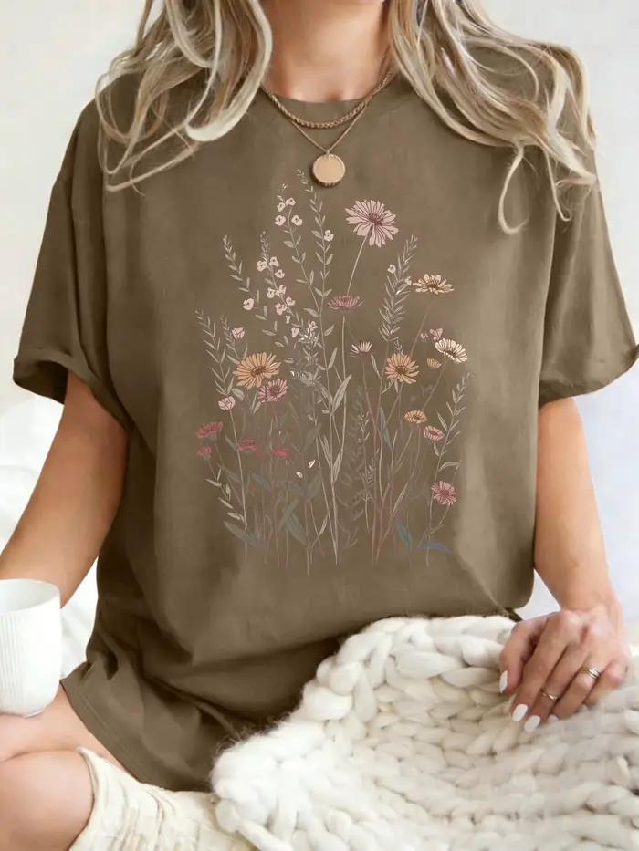 T-shirts à motif floral de style bohème pour femmes, t-shirt d'été à col rond en coton, vêtements am