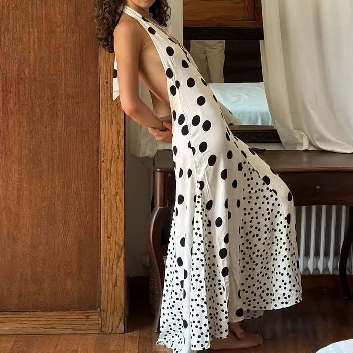 Robe d'été imprimée à col suspendu, coupe basse, imprimé Floral, sans manches, ajourée, longue, rétr