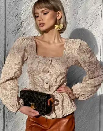Chemisier Jacquard Haute Couture Français 2026 Nouvelle Collection Col Carré Manches Bulles pour Fem