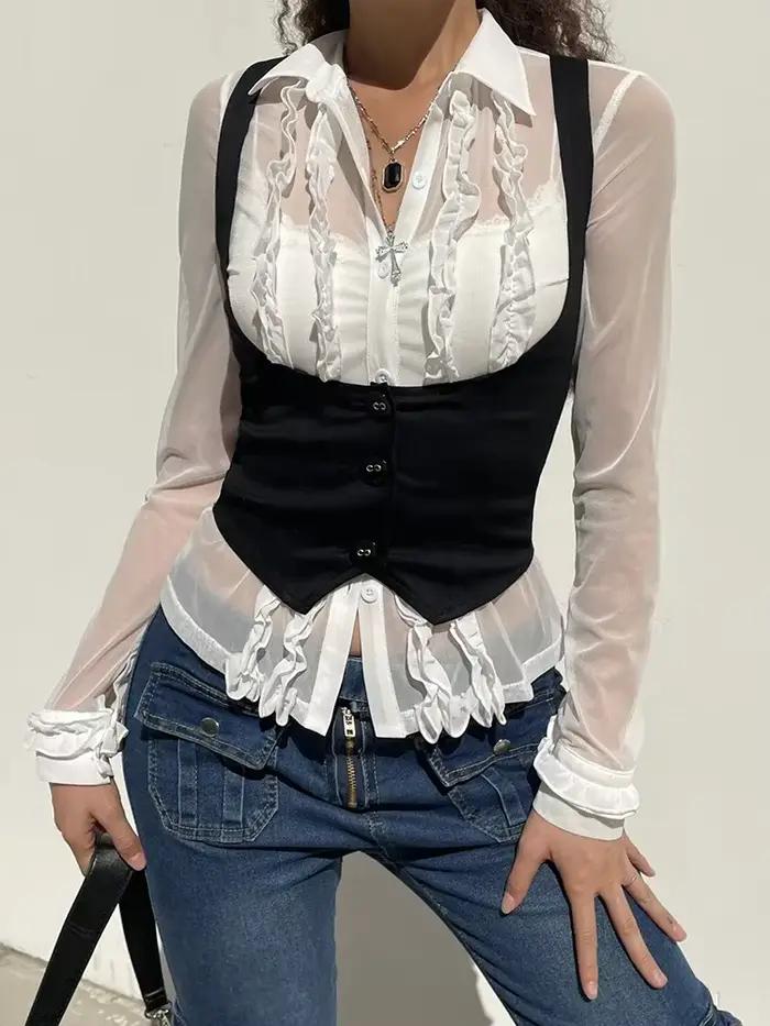 Haut corset croisé noir Vintage Academia pour femme, veste en émail Harajuku, gilet court et précieu