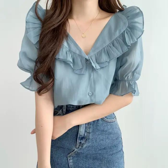 Blouses d'été pour femmes à manches bouffantes 2026, style vintage, col en V, transparentes, à volan
