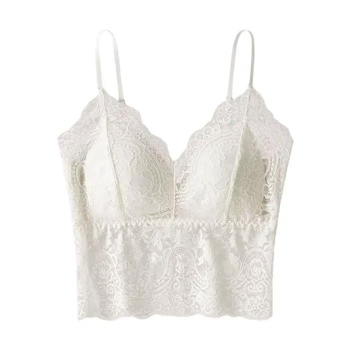 Débardeur court en dentelle française sans couture, à porter seul, pour fille, col en V avec coussin