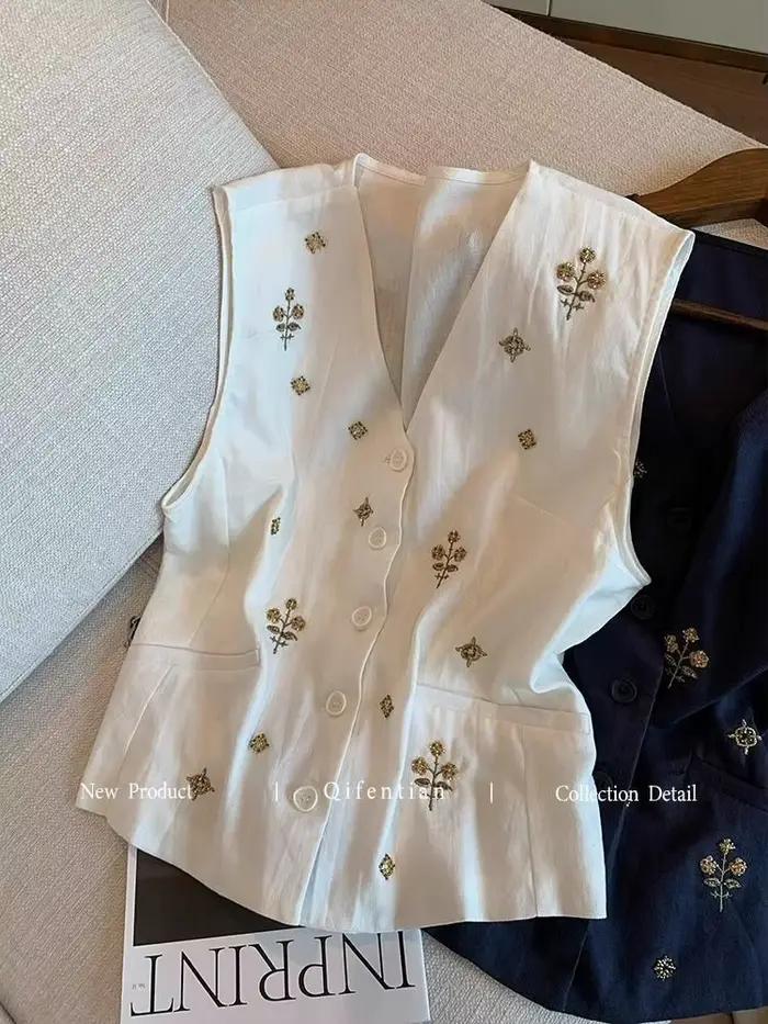 Débardeur Femme Sans Manches Col V Ample Été Tendance Coton Lin Uni Boutonnage Simple Broderie Vinta