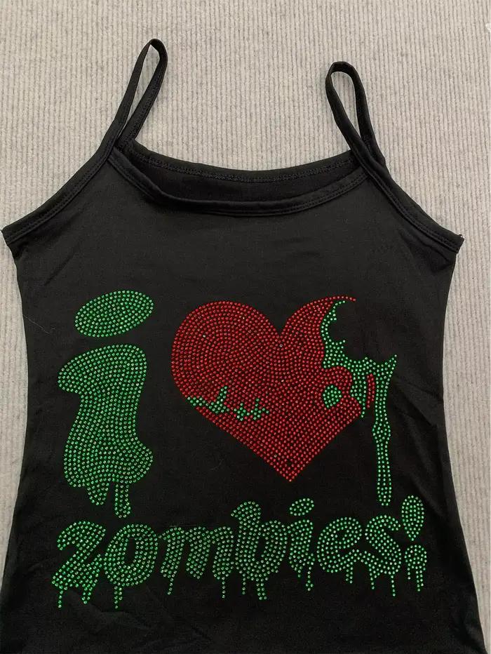 Haut Cami noir pour femme avec imprimé graphique zombie en strass, esthétique Y2K, style gothique