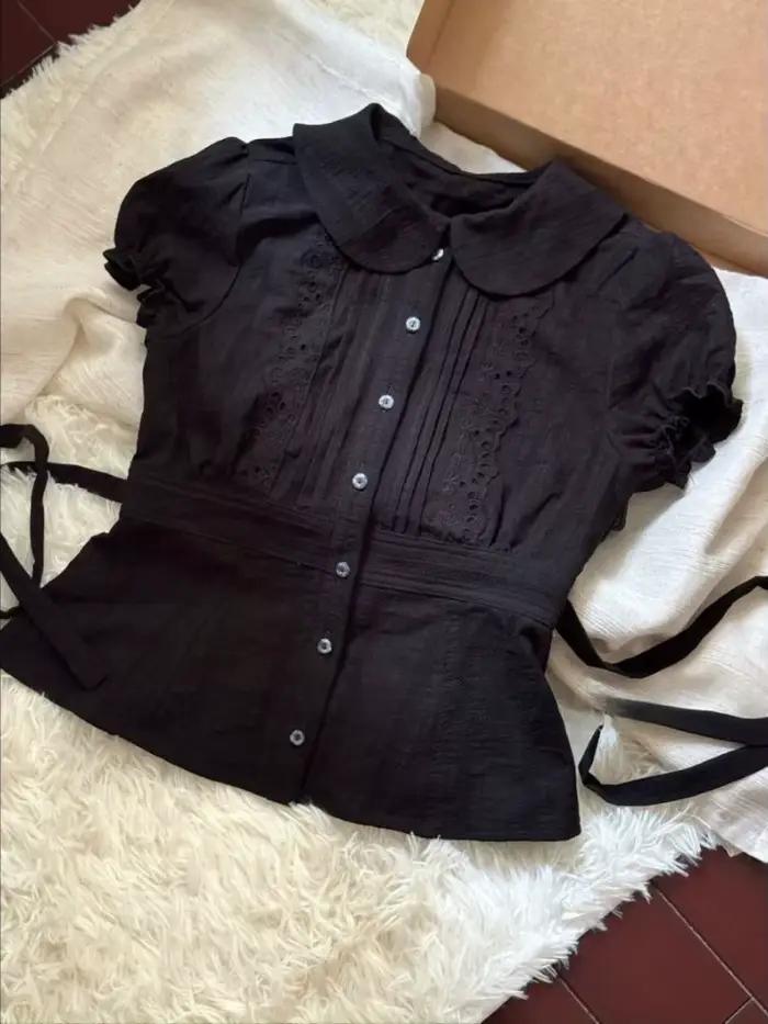 2025 été mignon col de poupée recadrée hauts noirs conception Kawaii à manches courtes chemise de Ba