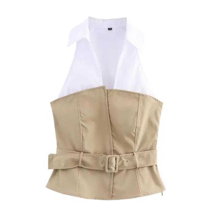 Haut à col patchwork style français, élégant, nouvelle collection printemps, mode féminine, streetwe