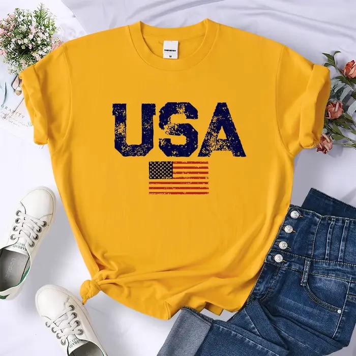 T-shirt à col rond pour femmes, lettres américaines, sensation d'étoiles et de rayures, t-shirts rét